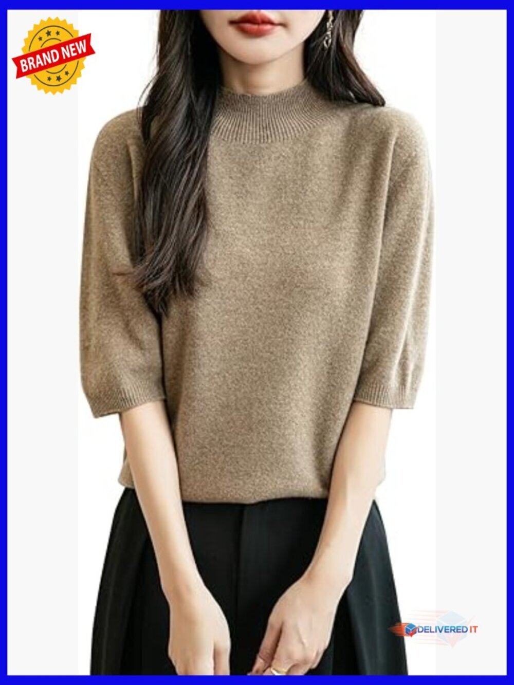 100% Merino Wool Seamless Knit Short Sleeve Mock Neck Sweater